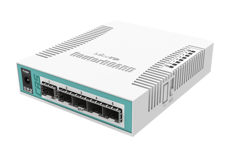 MikroTik Cloud Router Switch 106-1C-5S with QCA8511 400MHz CPU, 128MB RAM, 1x Combo port (Gigabit Ethernet or SFP), 5 x SFP cages, RouterOS L5, desktop case, PSU