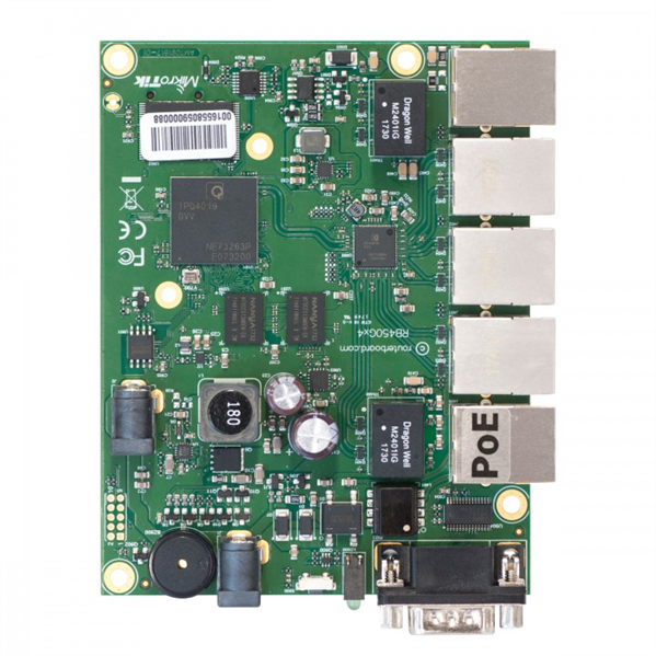 MikroTik RouterBOARD 450Gx4 with four core 716MHz Atheros CPU, 1 GB RAM, 5 Gigabit LAN ports, PoE OUT on port #5, RouterOS L5