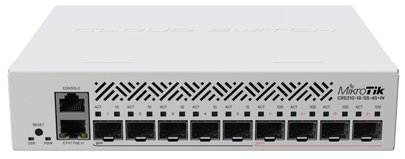 MikroTik Cloud Router Switch CRS310-1G-5S-4S+IN with 800 MHz CPU, 256 MB RAM, 4xSFP+, 5xSFP cages, 1xGBit LAN port, RouterOS L5, desktop case, rackmount ears, PSU