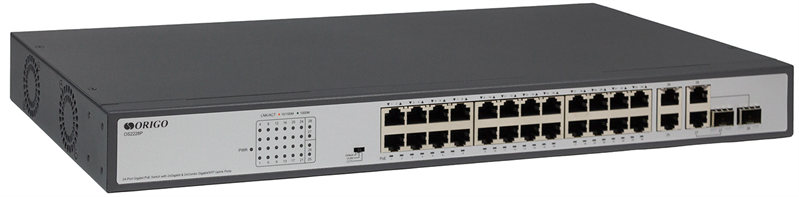 ORIGO Неуправляемый PoE-коммутатор, 26x1000Base-T (24x1000Base-T PoE), 2xCombo 1000Base-T/SFP, PoE-бюджет 370 Вт, PoE до 250 м, комплект для установки в 19" стойку