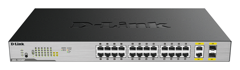 D-Link Неуправляемый PoE-коммутатор, 24x1000Base-T PoE, 2xCombo 1000Base-T/SFP, PoE-бюджет 370 Вт, корпус металл