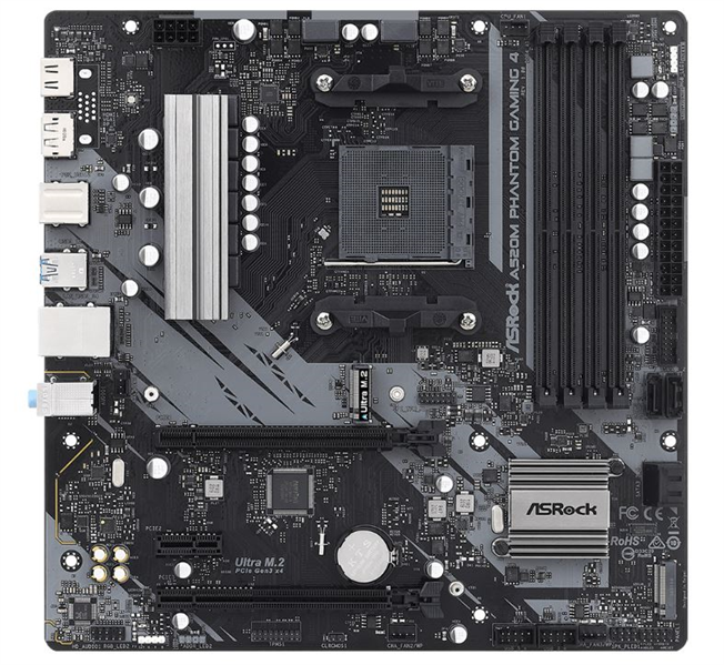 ASROCK A520M PHANTOM GAMING 4, AM4, A520, 4*DDR4, 4*SATA, 1*M.2, 4*USB 3.2, 2*USB 2.0,  1*PCIx16, 1*PCIx1, DP+HDMI, mATX