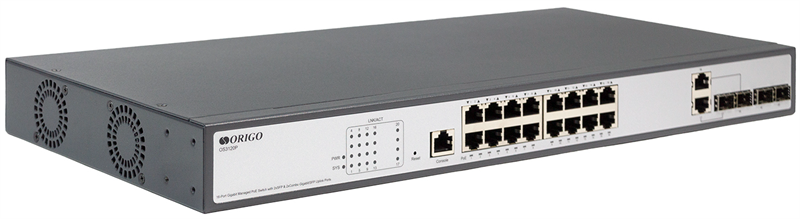 ORIGO Управляемый L2 PoE-коммутатор, 16x1000Base-T PoE, 2x1000Base-X SFP, 2xCombo 1000Base-T/SFP, PoE-бюджет 250 Вт, консольный порт RJ-45, комплект для установки в 19" стойку