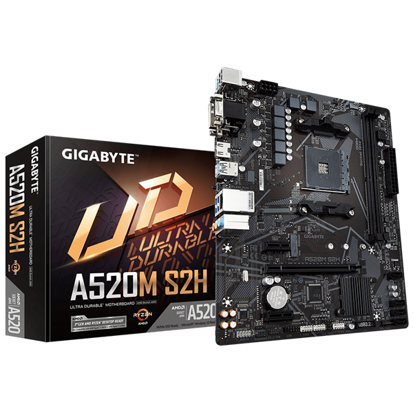 GIGABYTE A520M S2H, AM4, A520, 2*DDR4, 4*SATA, 1*M.2, 4*USB 3.2, 2*USB 2.0, 1*PCIx16, 2*PCIx1, D-Sub+HDMI+DVI, mATX