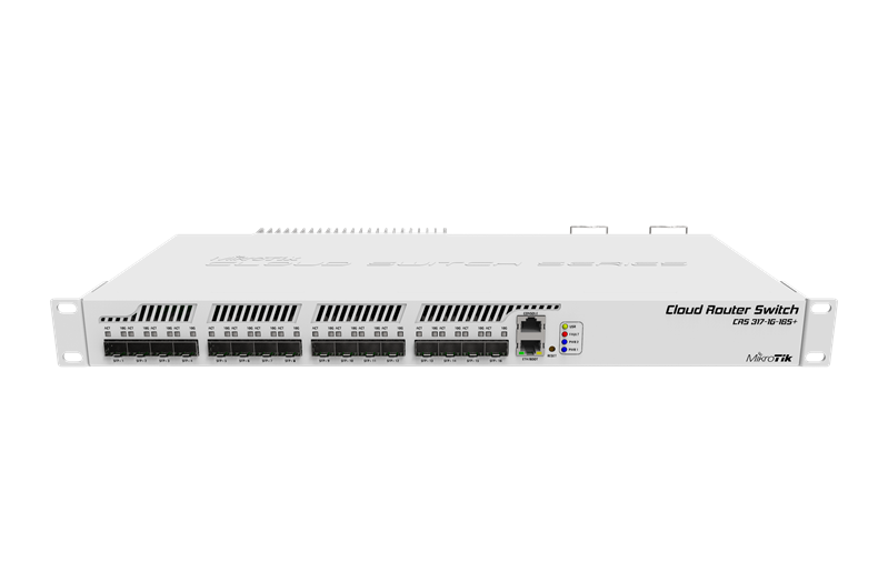 MikroTik Cloud Router Switch 317-1G-16S+RM with 800MHz CPU, 1GB RAM, 1xGigabit LAN, 16xSFP+ cages, RouterOS L6 or SwitchOS (dual boot), passive cooling 1U rackmount enclosure, Dual redundant PSU