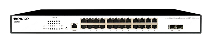 ORIGO Управляемый L2 коммутатор, 24x1000Base-T, 2x1000Base-X SFP, консольный порт RJ-45, комплект для установки в 19" стойку