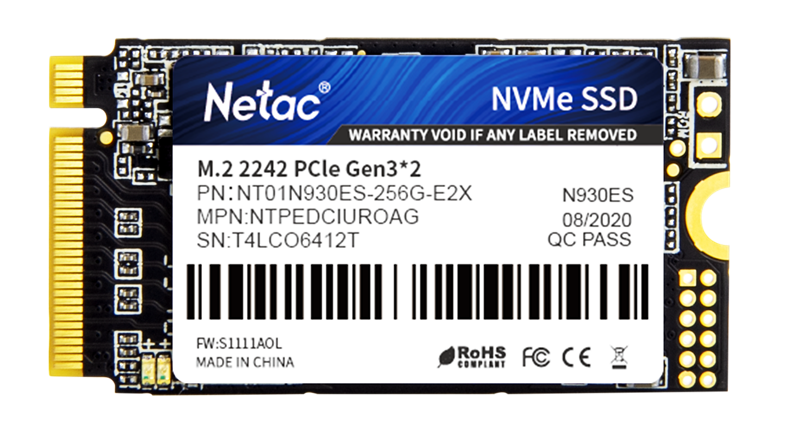 Netac SSD N930ES 256GB PCIe 3 x2 M.2 2242 NVMe 3D NAND, R/W up to 1650/1260MB/s, IOPS(R4K) 130K/170K, TBW 150TB, 3y wty