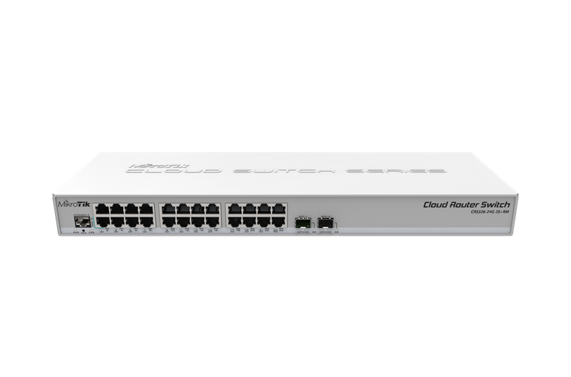 MikroTik Cloud Router Switch 326-24G-2S+RM with 800 MHz CPU, 512MB RAM, 24xGigabit LAN, 2xSFP+ cages, RouterOS L5 or SwitchOS (dual boot), 1U rackmount case, PSU