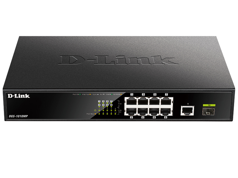 D-Link Неуправляемый PoE-коммутатор, 9x1000Base-T (8x1000Base-T PoE), 1x1000Base-X SFP, PoE-бюджет 125 Вт, корпус металл