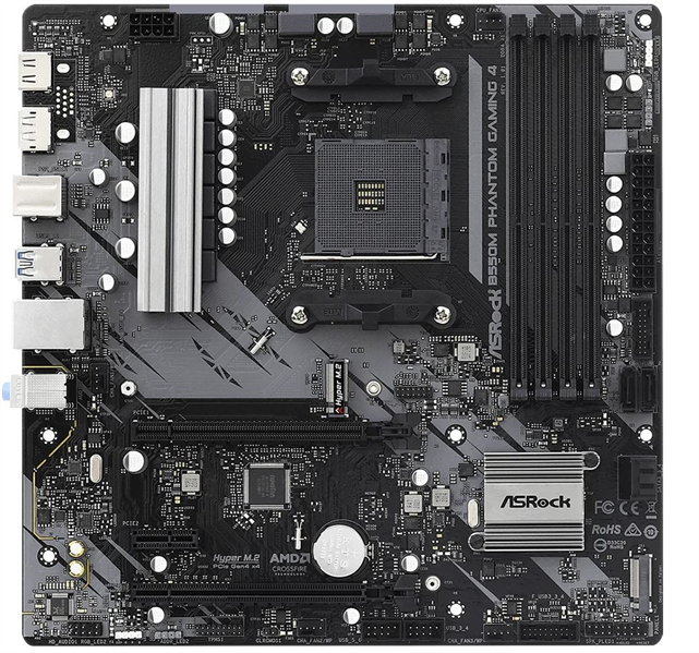 ASROCK B550M PHANTOM GAMING 4, AM4, B550, 4*DDR4, 4*SATA, 2*M.2, 4*USB 3.2, 2*USB 2.0, 6*PCIx16, 1*PCIx1, 1*M.2 (Key E), DP+HDMI, mATX