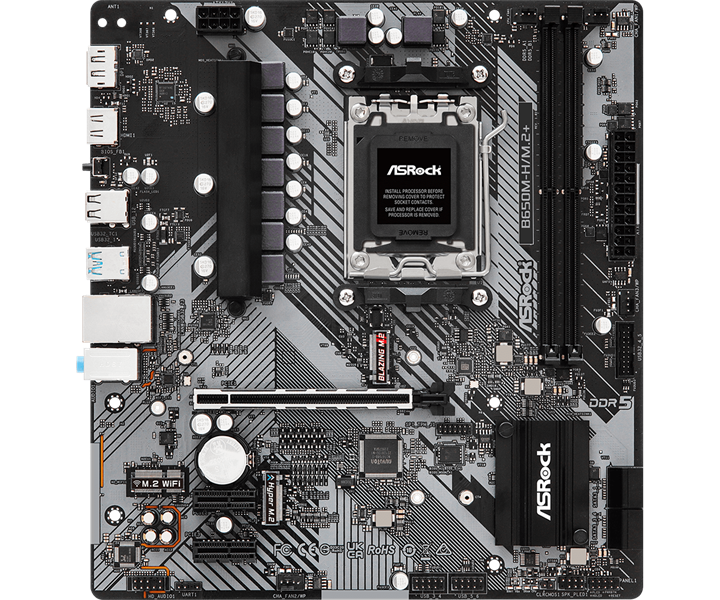 ASROCK B650M-H/M.2+, AM5, B650, 2*DDR5, 4*SATA, 2*M.2, 3*USB 3.2, 2*USB 2.0, Type-C,  1*PCIx16, 2*PCIx1, 1xM.2 (Key E), HDMI+DP, mATX