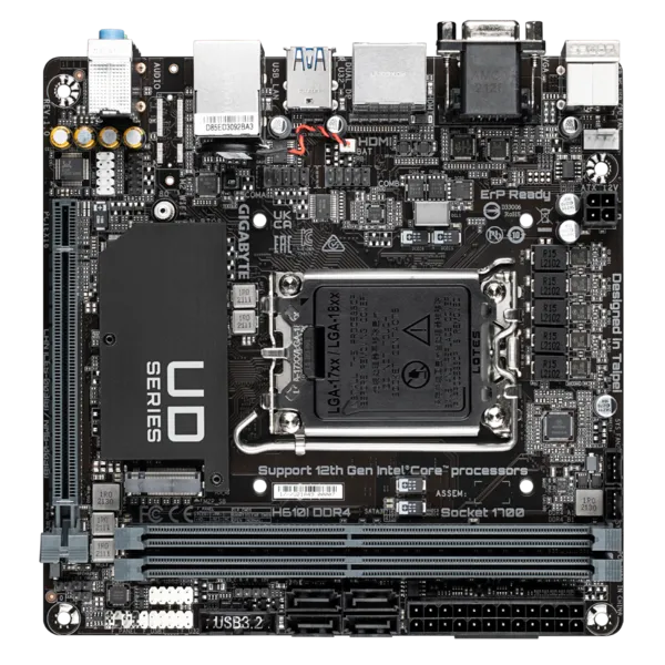 GIGABYTE H610I DDR4, LGA1700, H610, 2*DDR4, 4*SATA, 1*M.2, 2*USB 3.2, 4*USB 2.0, 1*PCIx16, 2*DP+D-Sub+HDMI, mITX