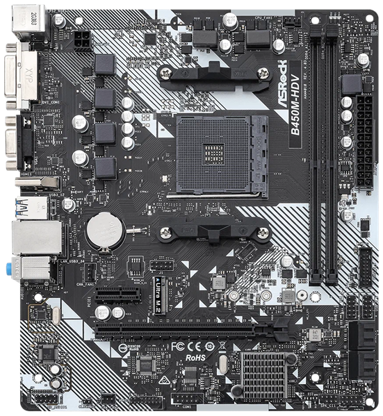 ASROCK B450M-HDV R4.0, AM4, B450, 2*DDR4, 4*SATA, 1*M.2, 4*USB 3.1, 2*USB 2.0, 3*PCIx16, 1*PCIx1, D-Sub+HDMI+DVI-D, mATX