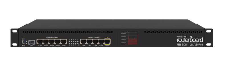 MikroTik RouterBOARD 3011UiAS with Dual core 1.4GHz ARM CPU, 1GB RAM, 10xGbit LAN, 1xSFP port, RouterOS L5, 1U rackmount case, LCD panel