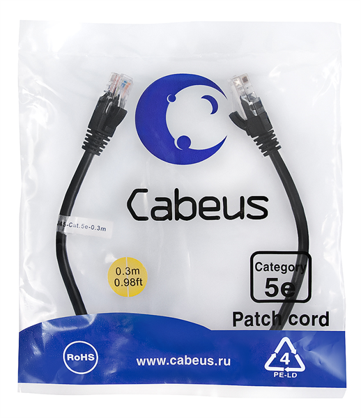 Cabeus PC-UTP-RJ45-Cat.5e-0.3m-BK-LSZH Патч-корд U/UTP, категория 5е, 2xRJ45/8p8c, неэкранированный, черный, LSZH, 0.3м