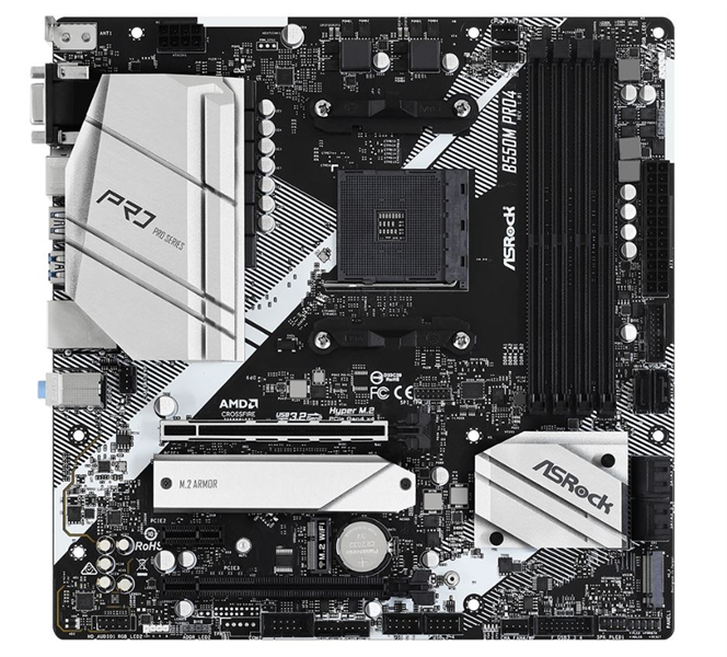 ASROCK B550M PRO4, AM4, B550, 4*DDR4, 6*SATA, 2*M.2, 5*USB 3.2, 2*USB 2.0, Type-C, 6*PCIx16, 1*PCIx1, 1xM.2 (Key E), D-Sub+HDMI+DP, mATX