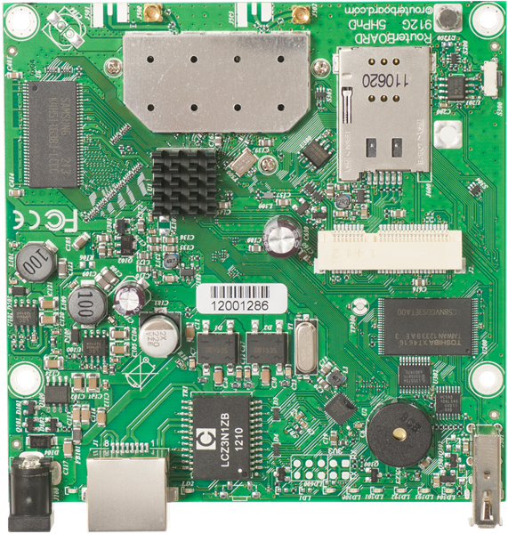 MikroTik RouterBOARD 912UAG with 600Mhz Atheros CPU, 64MB RAM, 1xGigabit LAN, USB, miniPCIe, built-in 5Ghz 802.11a/n 2x2 two chain wireless, 2xMMCX connectors, RouterOS L4