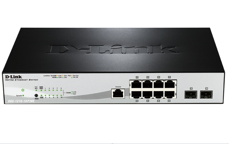 D-Link Управляемый L2 PoE-коммутатор, 8x1000Base-T PoE, 2x1000Base-X SFP, PoE-бюджет 78 Вт, защита от статического электричества до 6 кВ, CLI, консольный порт RJ-45