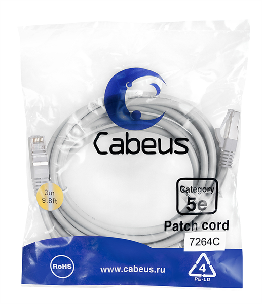 Cabeus PC-FTP-RJ45-Cat.5e-3m Патч-корд F/UTP, категория 5е, 2xRJ45/8p8c, экранированный, серый, PVC, 3м