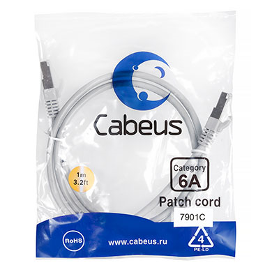 Cabeus PC-SSTP-RJ45-Cat.6a-1m-LSZH Патч-корд S/FTP, категория 6а (10G), 2xRJ45/8p8c, экранированный, серый, LSZH, 1м